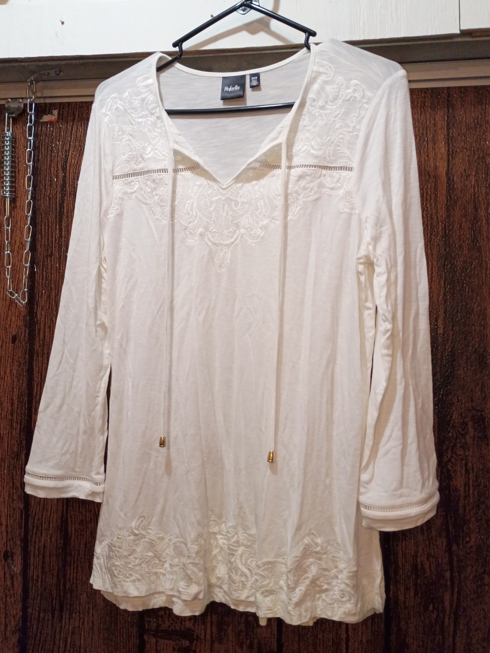 Rafaella Cream Embroidered V-Neck Tunic with Tasseled Ties